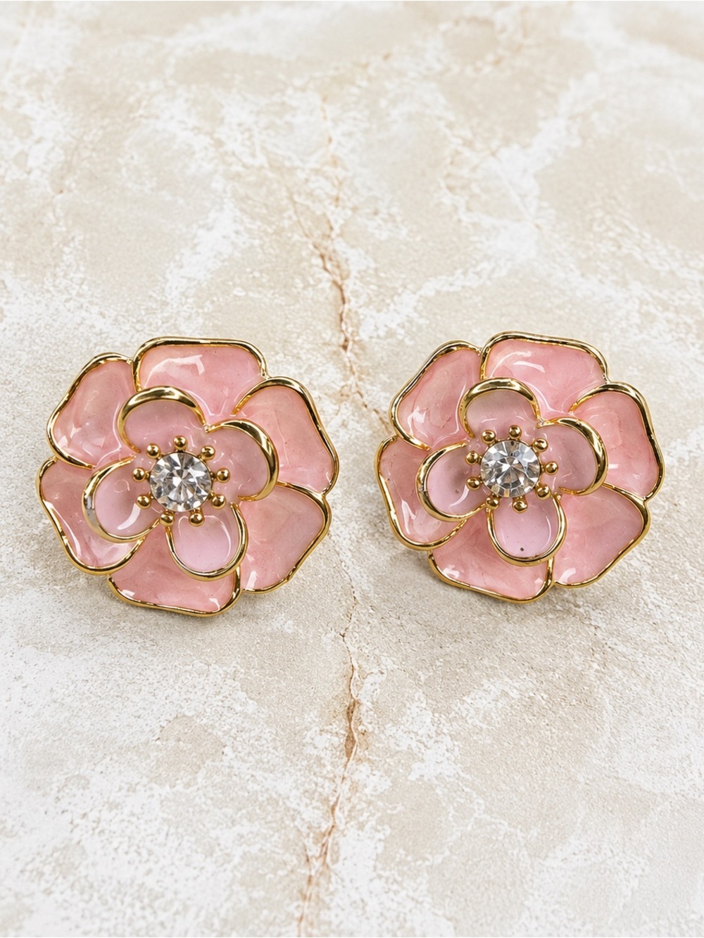 Boutique Pink Enamel Flower Stud Earrings Gold Tone Rhinestone Floral Statement